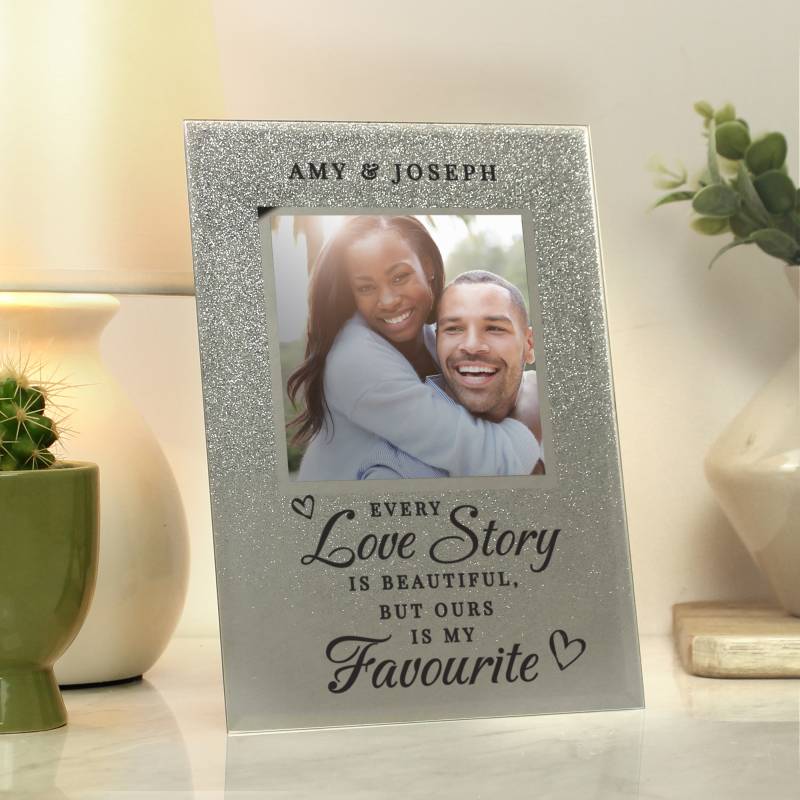 Personalised Every Love Story Is Beautiful 4x4 Glitter Glass Photo Frame