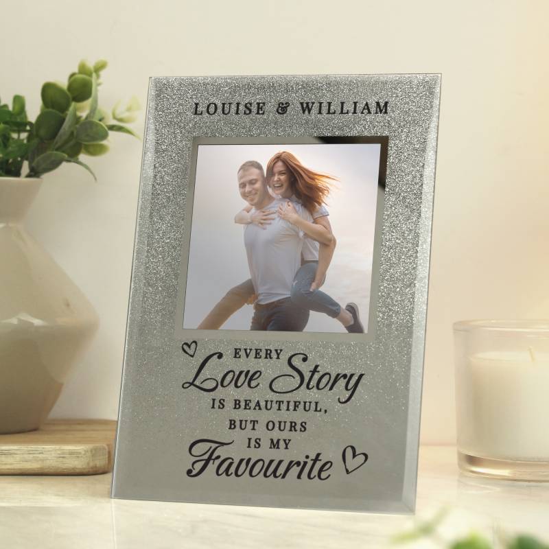 Personalised Every Love Story Is Beautiful 4x4 Glitter Glass Photo Frame