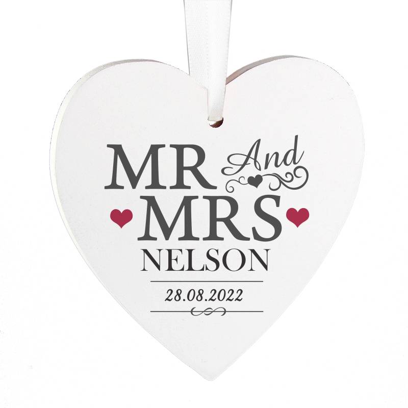 Personalised Mr & Mrs Wooden Heart Decoration